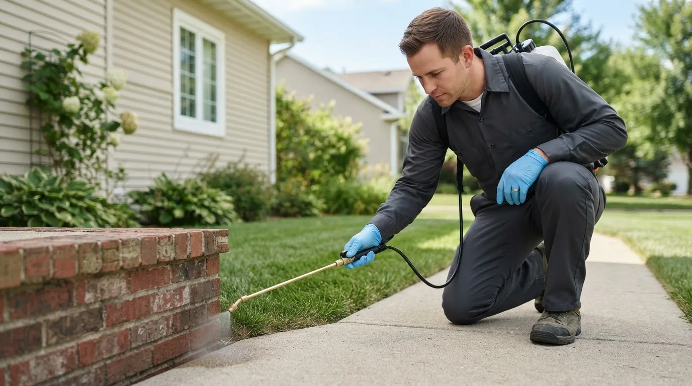 Pest control technician treating a home near Ceres, NY