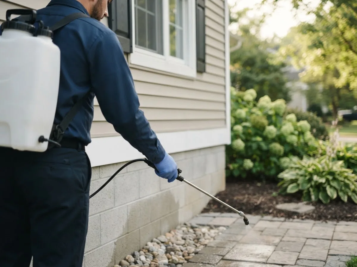 Pest control technician inspecting a home in Ceres, NY